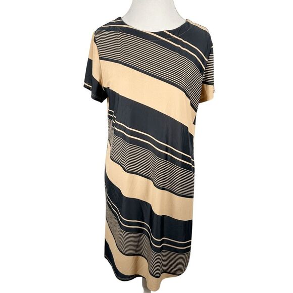 Jude Connally Brown Black Stripe Dress Shift Knee length Resort Travel Size L